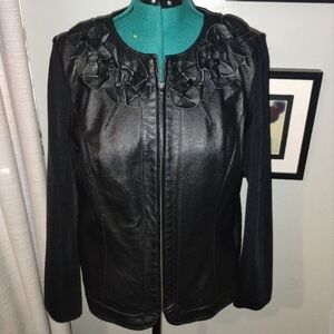 Peter Nygard Elegant Black Leather and Knit Jacket with Floral Design Sz L